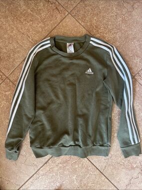 adidas Olive Green Crewneck Sweatshirt with White Three Stripes